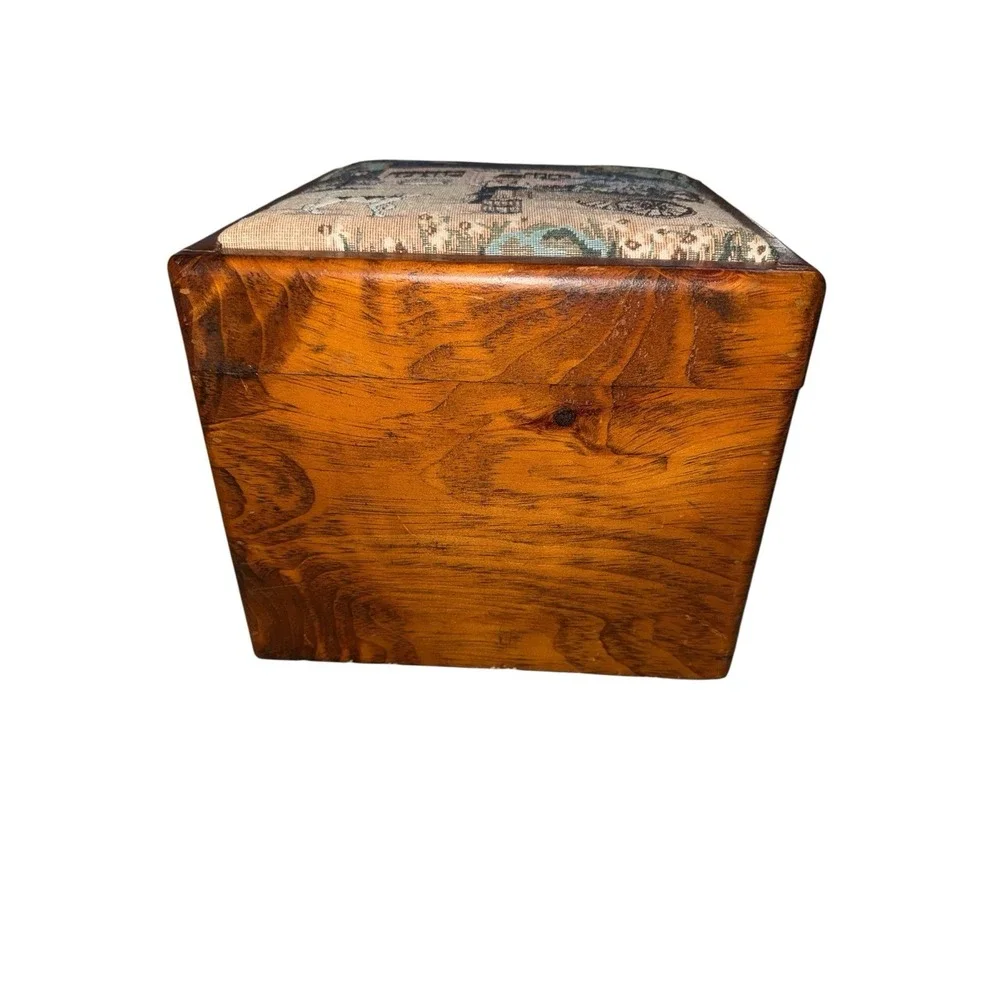 Wooden Vintage Box Hinged Lid Tapestry Man Dog‎ Pictorial Fabric Top Recipe
